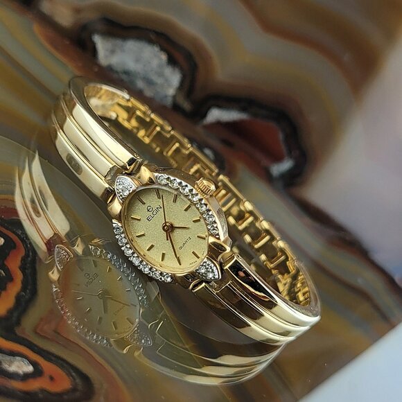 Vintage ELGIN Gold Swarovski Crystal Bracelet Watch - Picture 1 of 4